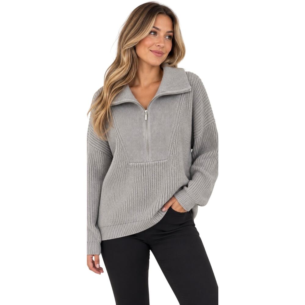 CSB Gray Chunky Knit Quarter Zip Oversized Sweater L